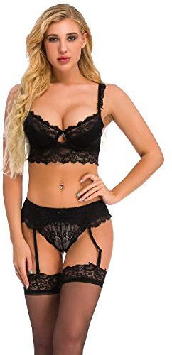 Women's Push Up Embroidered Lace Bras Set Sexy Lingerie Bra and Knickers with Matching Garter Suspender Belt & Thigh High Stocking Socks 4 Piece/Lot Black 36B