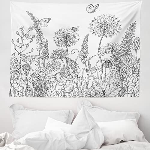 ABAKUHAUS Blumen Wandteppich, Blumen-Garten-Landschaft aus Weiches Mikrofaser Stoff Waschbar ohne Verblassen Digitaldruck, 150 x 110 cm, Weiß Grau