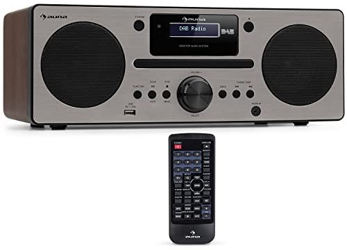 Auna Radio Portatile, Radio DAB con Bluetooth e Lettore CD, Radio FM/DAB/DAB+, Sistema Stereo AUX, Radio Dab Casa con Display LCD, Telecomando, Sveglia, MP3 e Porta USB, Radio Vintage in Legno 15W