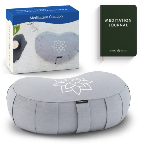 Mindful & Modern Large Meditation Cushion | Zafu Yoga Bolster Meditation Floor Pillow Seat | Buckwheat Hull Filled Crescent Shaped Cushion with Removable Washable Cover + Carry Handle | Grey