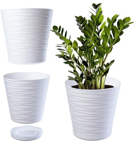 KADAX Blomkruka med underlägg, planteringskruka för inomhus, lätt blomkruka, plastkruka, rund ytterkruka för blommor, växter, hus, växtkruka (19 cm, vit)