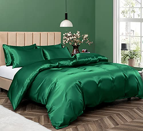 Pothuiny 5 Piece Satin Duvet Cover Set, Luxury Silky Emerald Green Duvet + Pillow Cases, Full/Queen Size, Zipper Closure