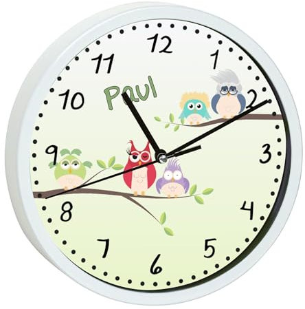 CreaDesign, Wanduhr Kinder personalisiert mit Name, Motiv Eulenfamilie, Rahmen Wanduhr weiß, Ø 19,5 cm