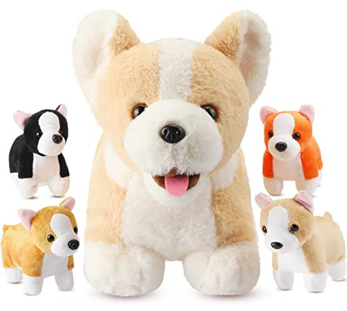 Skylety 5 Stück Welpen Kuscheltiere Mama Hundebauch mit 4 Niedlichen Plüschtier Hunde Spielzeug Kissen Weich und Kuschelig Stofftiere Welpen Sortiment für Geburtstag Weihnachten(Corgi)