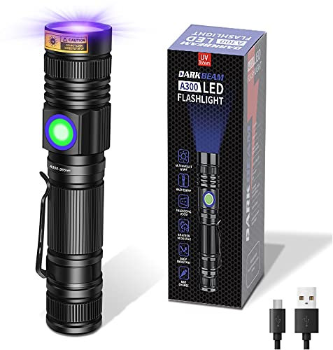 DARKBEAM Torcia UV 365nm Ricaricabile, Lampada di Wood Luce Nera, Ultravioletta Portatile Mini LED Torce con Clip, Rilevatori di macchie di urina per animali domestici, Resina a 370nm