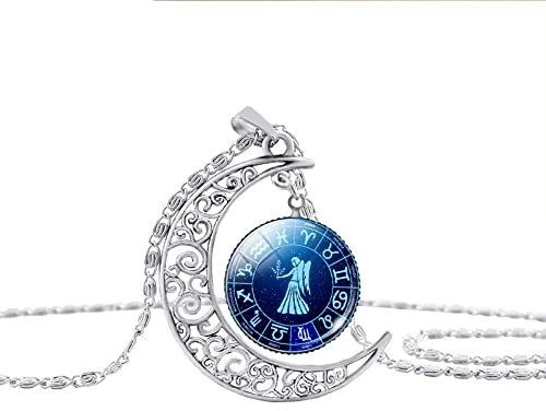 Star Necklace,Sternzeichen Sternzeichen Halskette Jungfrau Mond Form Runder Anhänger Astrologie Geschenke für Frauen Männer Silber Vintage Elegante Frauen