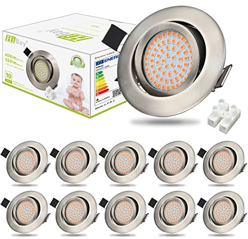 HiBay Flach LED Einbaustrahler 230V Spots Schwenkbar 3,5W Einbauspots Warmweiß Deckenstrahler Edelstahl Gebürstet Einbauleuchten 10er Set | Metall Einbauspots Edelstahl Gebürstet 40° Schwenkbar Einbauleuchten für Wohnzimmer Schlafzimmer Flur Büro