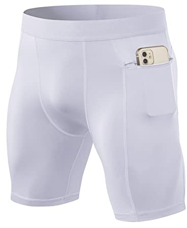 Ruowuhen Herr kompressionsshorts sport kalsonger med fickor, Vit, M | Snabbtorkande funktionella underkläder bas lager löparbyxor tights kort