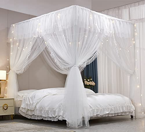 VETHIN 4 Corners Post Ruffle Princess Bed Canopy Curtain-Double Layer Cozy Drape Netting 4 Opening Mosquito Net for Girls Adults Bedroom Decoration (White/White, 47 W*78 L*82 H/Twin)