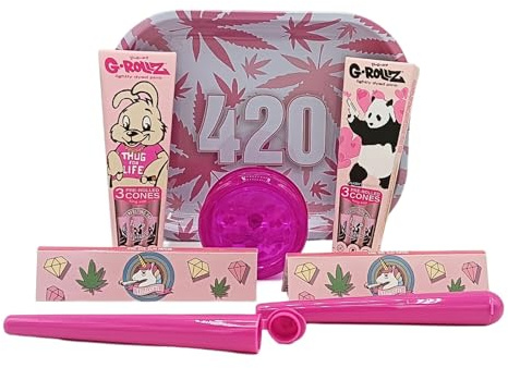 raupir Set bestehend aus Metall Drehtablett, vorgedrehte Cones G-ROLLZ, Grinder Acryl, Choosypapers Zigarettenpapier, Tubes - in Pink für den ultimativen Rauchgenuss