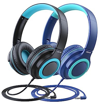 iClever Casque Audio Enfant 2 Packs, Filaire Casque pour Enfants avec Répartiteur de Partage, 85dBA Volume Limité Stéréo Pliables, Bleu Foncé &Noir