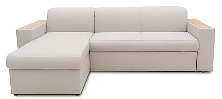DOMO. collection Ecksofa Lima, Schlaffunktion, Silber | Ecksofa mit Schlaffunktion und Bettkasten, L-Form mit Holzarmlehnen, Schlafsofa 244 x 155 x 74 cm (BxTxH)