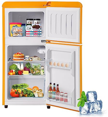 réfrigérateur rétro. combiné congélateur. 86,8 cm de haut, 45,5 cm de large, deux portes, avec un volume total de 60 litres, Congélateur de 22 litres. 163 kWh/an, -27°C ∽ 13°C, éclairage LED.,Yellow