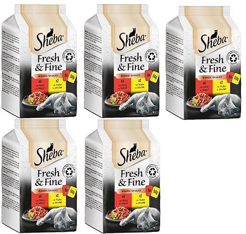 SHEBA Portionsbeutel Multipack Fresh & Fine in Sauce - Verschiedene Geschmacksrichtungen (5x6x 50g, Rind & Huhn)
