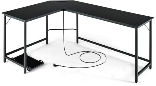 LIFEZEAL Escritorio en Forma de L con Multienchufe, Estación de Carga, Escritorio de Esquina para 2-3 Ordenadores, Soporte de CPU, Estación de Trabajo, MAX 150kg, 168x125x74,5cm (Negro)