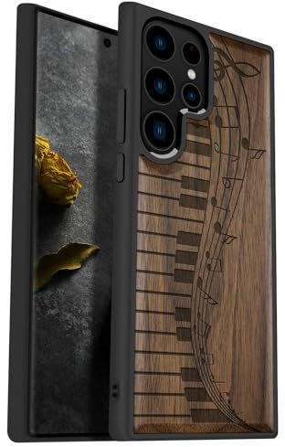 Carveit Wood Case for Galaxy S23 Ultra Case 2023 [Natural Wood & Black Soft TPU] Shockproof Protective Cover Unique Wooden Case Compatible with Samsung S23 Ultra (Melodic Waves-Walnut)
