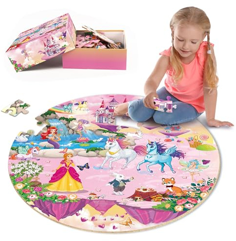 SYNARRY Giant Unicorn Floor Jigsaw Puzzle for Kids 3 4 5 6 7 8 Year Olds, 70 Piece Big Round Princess Mermaid Fairy Jigsaw, Unicorn Toys Gifts for Toddlers Children Girls