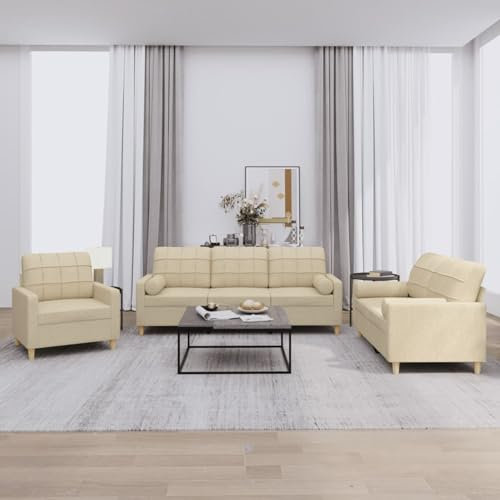 Homgoday 3-TLG. Sofagarnitur mit Kissen Sofa Wohnzimmersofa Loungesofa Gästesofa, Designsofa Couchgarnitur Sitzmöbel Modern für Wohnzimmer, Schlafzimmer, Büro Creme Stoff