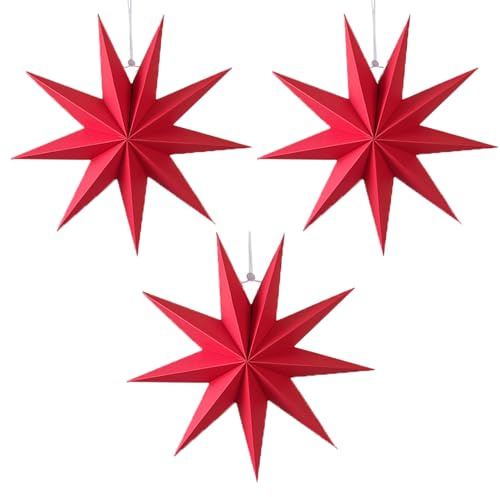 BXYIIGRU 3 Stück Faltstern Weihnachten 3D Papier Stern Rot 30cm Aufhängen Faltsterne 9 Zacken Papiersterne Weihnachtssterne zur Dekoration von Fenster Weihnachtsbaum Advent (Rot)