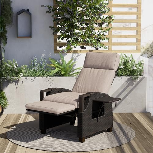Grand patio Relaxfåtölj med sittdyna armstödsfåtölj justerbart ryggstöd rotting solstol för inomhus, utomhus, mörkgrå grädde sittdyna och brun rotting