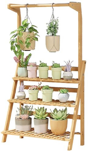 DECORN Hanging Plant Stand Indoor Outdoor - 3 Tiers Folding Wood Plants Shelf for Multiple Flower Planter Holder Large Rack for Window Garden Balcony Patio Porch Living Room,Natural,70cm/27.6 L