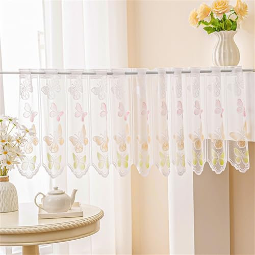 AQCQDQ Boho Landhausstil Vintage Halbe Transparent Bistro Curtain, Scheibengardinen Bistrogardine Frühling Bunter Schmetterling Vorhang, Frische Weiße Spitze Tüll Halbe Gardinen (BxH 150x45 cm)