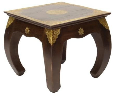Oriental Galerie Indischer Opiumtisch mit Messing Verzierung Tisch Tischchen Nachttisch Hocker Asien Braun Gold Mittel