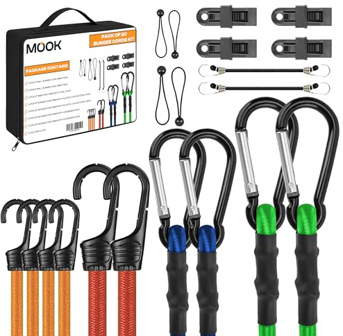 MOOK Heavy Duty Bungee Cords with Hooks, 20 - Pcs Bungee Cord Set with Ball Bungees, Mini Cords, Bungee Cords with Carabiner Clip, Tarp Clips – Multi-Length for Cargo, Camping, Storage – Versatile Use