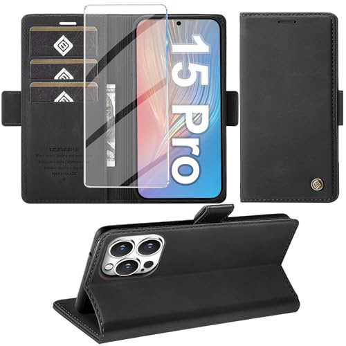 Giyer Cover per iPhone 15 Pro Custodia con Vetro Temperato, Premium PU Portafoglio Slot per Scheda RFID Antifurto Funzione Supporto Flip Case, Antiurto per iPhone 15 Pro 5G Cover (Nero)