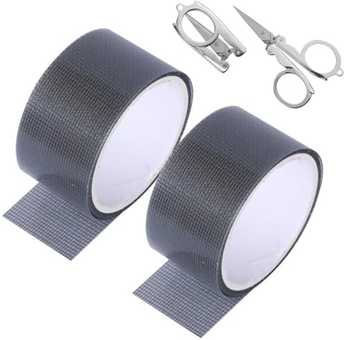 Zanzariera Finestra Riparazione Nastro Adesivo, 2 Rotoli Nastro Zanzariera Ripara 5cmx2m con Forbici Pieghevoli, Ripara Zanzariere Adesivo Invisibile, Finestre Porte Balconi Zanzariere Patch (Grigio)