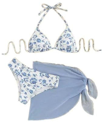 MUNSKT Women's Bikini Sets Floral Pattern, Bikini Top, Triangle Bottom and Cover-Up, 3 Piece Bikini Set for Beach, Pool and Holidays (UK, Alpha, L, Regular, Regular, Blue)