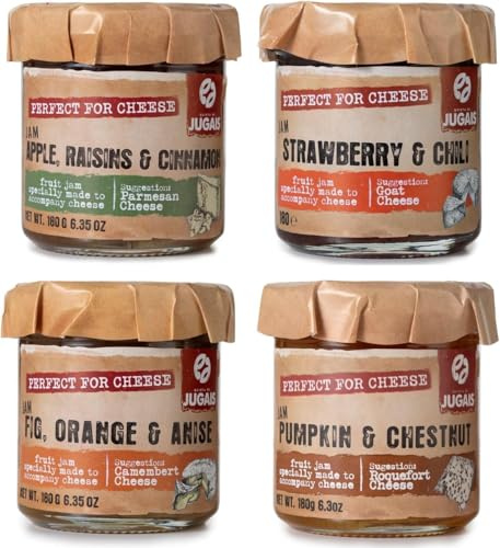 Sélection de Confitures Variées – Saveurs Uniques : Potiron & Châtaigne, Figue Orange & Anis, Fraise & Piment, Pomme Raisin & Cannelle. Parfaites pour Accompagner le Fromage – Lot de 4 pots de 180g.