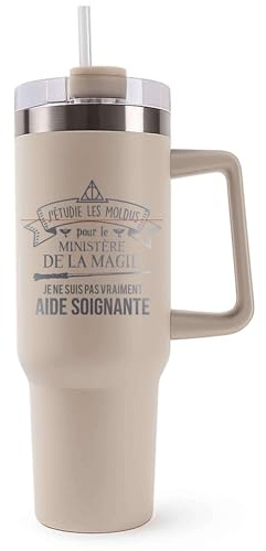 Planetee Mug Isotherme 1,2L - Aide Soignante Ministère Magie Beige – Bouteille avec Anse, Paille et Couvercle – Idée Cadeau Gourde Personnalisée