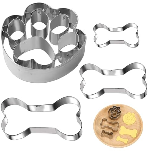 YEDOUALE 4 Stück Edelstahl Hunde Keks Ausstechformen Set, Knochenform und Pfotenabdruck, Verschiedene Größen für hausgemachte Hundekekse, Gebäck und kreative Backideen