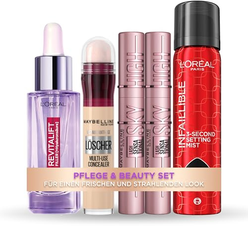 Pflege und Beauty Set aus L'Oréal Paris Revitalift Filler Serum, 2x Maybelline Sky High Mascara, Maybelline Instant Anti-Age Effekt Concealer und L'Oréal Paris Setting Spray