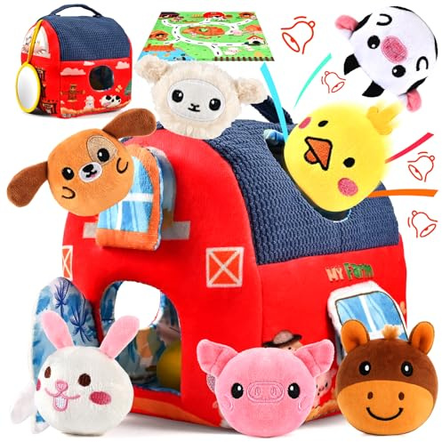 Faburo Baby Spielzeug ab 6-8 Monate, Montessori Spielzeug Baby, Sensorik Bauernhof Babyspielzeug ab 1 2 Jahre mit 8 Tiere & Scheune Rassel, Babyspielzeug Geschenk für Weihnachten Geburtstag Ostern