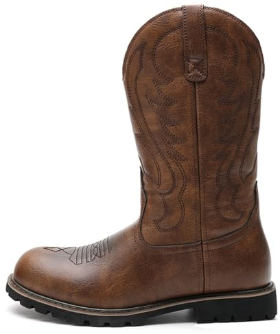LMUIPMAA Bottes de Équitation Western pour Homme en PU Cuir Broderie Bottes mi-Mollet Bout carré Décontracté Bottes De Travail,Dark Brown,39 EU