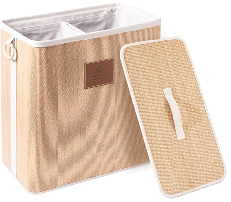 TONYBASKET Bambus Wäschekorb 100L Wäschesammler 2 Fächern mit Deckel | 55x30x60cm, Faltbare Wäschebox aus Natürliche Baumwolle, Wäschetonne für Waschküche Wohnzimmer Schlafzimmer, Hellbraun
