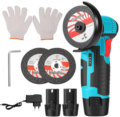 Oamger 12V Mini amoladora angular inalámbrica, disco inalámbrico de 19500 rpm con 2 × 1300mAh Baterías, 2 discos de corte de 76 mm para cortar, eliminar el óxido