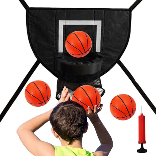 Studsmatta basketboll ring – justerbart mjukt basketbollnät | barn studsmatta basketbollar tillbehör med 4 bollar och pump för trädgård gräsmatta gym