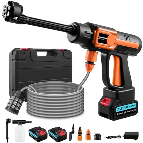 Limpiador de alta presión con batería, 21 V, portátil, 120 bar, limpiador de alta presión inalámbrico con 2 baterías de 3,0 Ah, boquilla multifunción, manguera de 5 m, limpieza de coches, jardines y