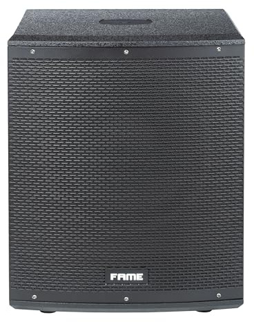 Fame Aktiver Subwoofer 12 Zoll 450W RMS, 1800W Peak, Class D Endstufe, Frequenzbereich 40-150Hz, XLR EIN/Aus, M20 Gewinde, Holzgehäuse, 23,5kg, geeignet für Konzerte und Veranstaltungen