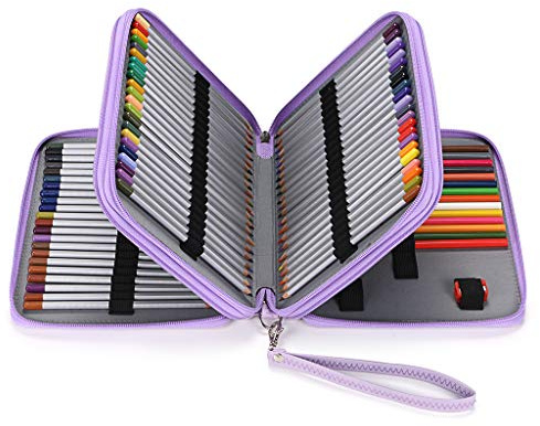 BTSKY Deluxe PU Leather Pencil Case For Colored Pencils - 120 Slot Pencil Holder with Handle Strap Handy Colored Pencil Box Large (Purple)