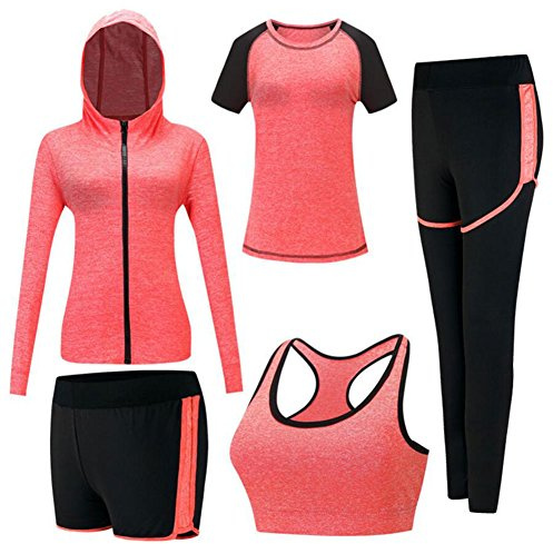 ZETIY Tute da Ginnastica Donna Set, 5 Pezzi Abbigliamento Sportivo Donna per Pilates Yoga Jogging Gym Workout Ginnastica Include Manica Lunga e Corta, Pantaloni, Reggiseno - Arancia - XL