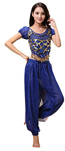 Haodasi Vestido de danza del vientre para mujer con malla + pantalones farol, disfraz profesional de bailarina de carnaval, azul oscuro, S