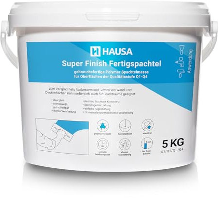 Super Finish Spachtelmasse Fertigspachtel für Innen Feinspachtel Trockenbau Spachtel Gipsspachtel Feinputz Fertigspachtelmasse Spachtelgips Flächenspachtel Q1-Q4 Masse Gips Füll weiß 5kg HAUSA
