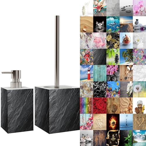Sanilo Badezimmer Set, Seifenspender und WC Bürste mit Motiv, große Auswahl, Klobürste ohne Bohren, schöne Designs (Granit)