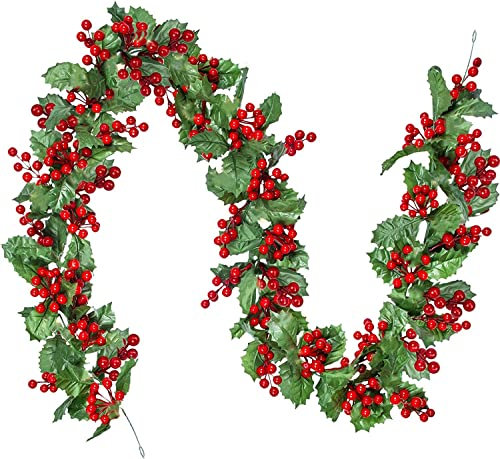 KAHEIGN Red Berry Christmas Garland, 175CM Artificial Greenery Garland with Red Berry and Holly Leaves for Winter Christmas Holiday New Year Decoration