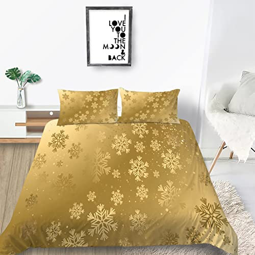 Bettwäsche 220x240 3 teilig Winter Bettbezug 220 x 240 Set mit Kissenbezüge, Winterbettwäsche 240x220 aus Mikrofaser Weich Bettwäsche Set mit Reißverschluss Gelbe Schneeflocke