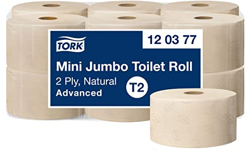 Tork Mini Jumbo Toalettpapper natur T2, Advanced-kvalitet, 2-lagers, 12 x 170 m, 120377